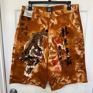 NWT Impaq Millennium Jeans Rust Orange Tiger Graphic Print Shorts Mens 34